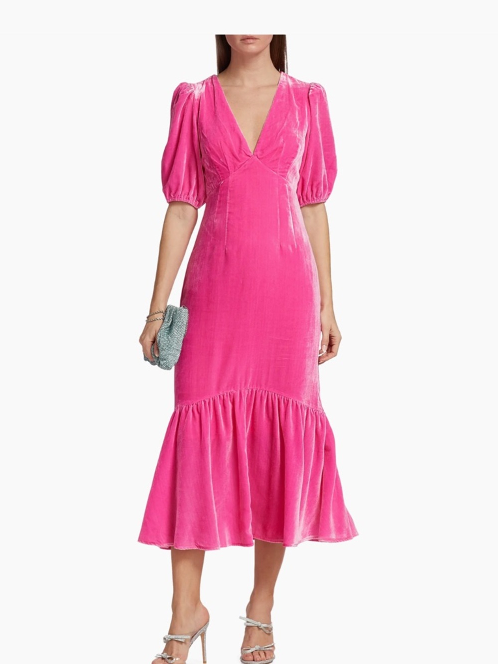 RHODE Hot Pink Velvet Maxi Dress with Puff Sleeves